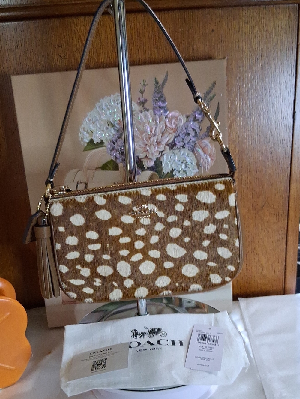 Coach Brown and White Spotted Crossbody Wristlet